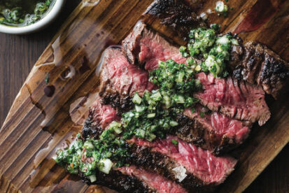 Grilled Beef Skirt Steak, a recipe from "Around the Fire."Reprinted with permission from “Around the Fire: Recipes for Inspired Grilling and Seasonal Feasting from Ox Restaurant” by Greg Denton and Gabrielle Quiñónez Denton, with Stacy Adimando, copyright © 2016. Published by Ten Speed Press, an imprint of Penguin Random House LLC.”
Photography credit: Evan Sung © 2016